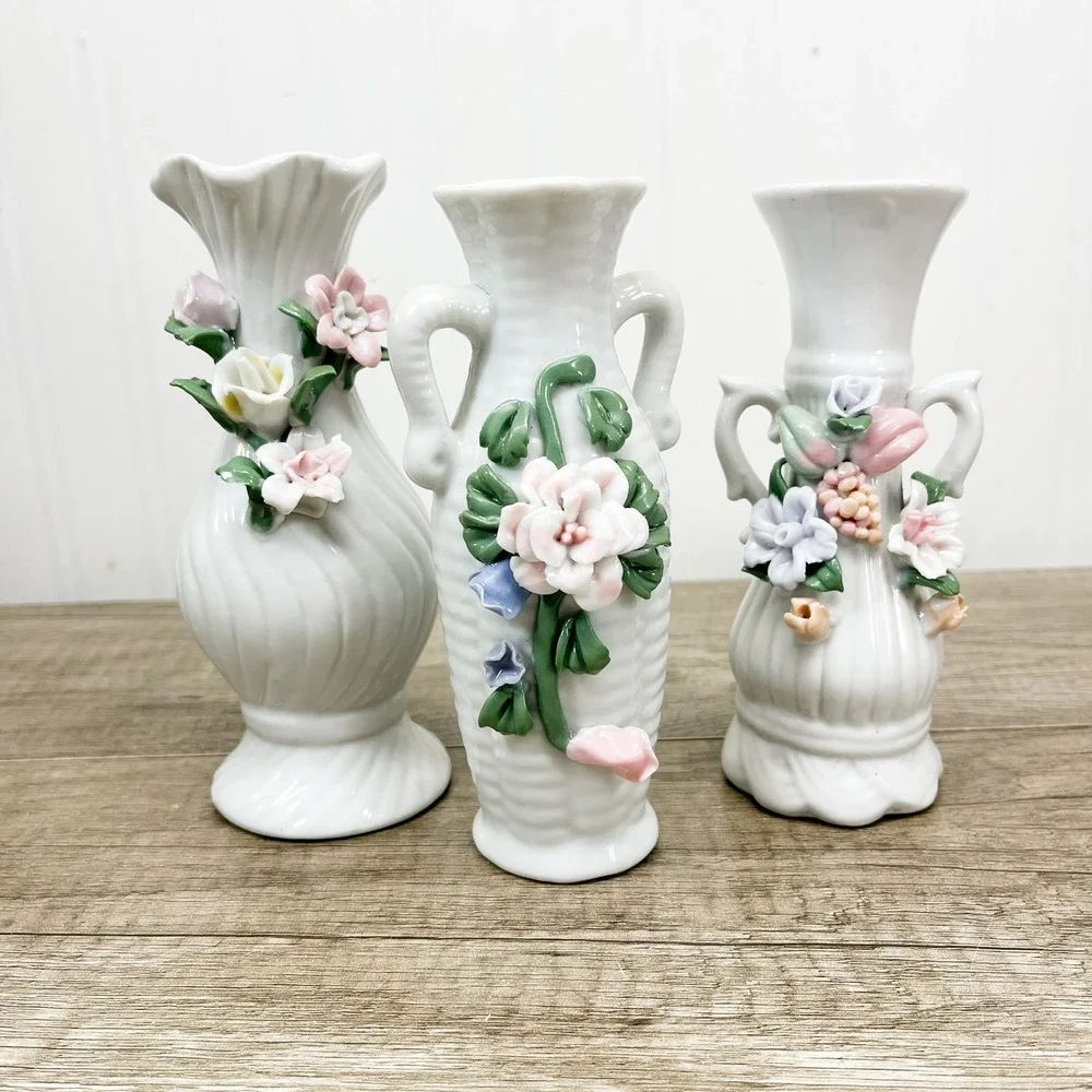 Vintage White Porcelain Miniature Bud Vases Set of 3 Applied 3D Floral Accents